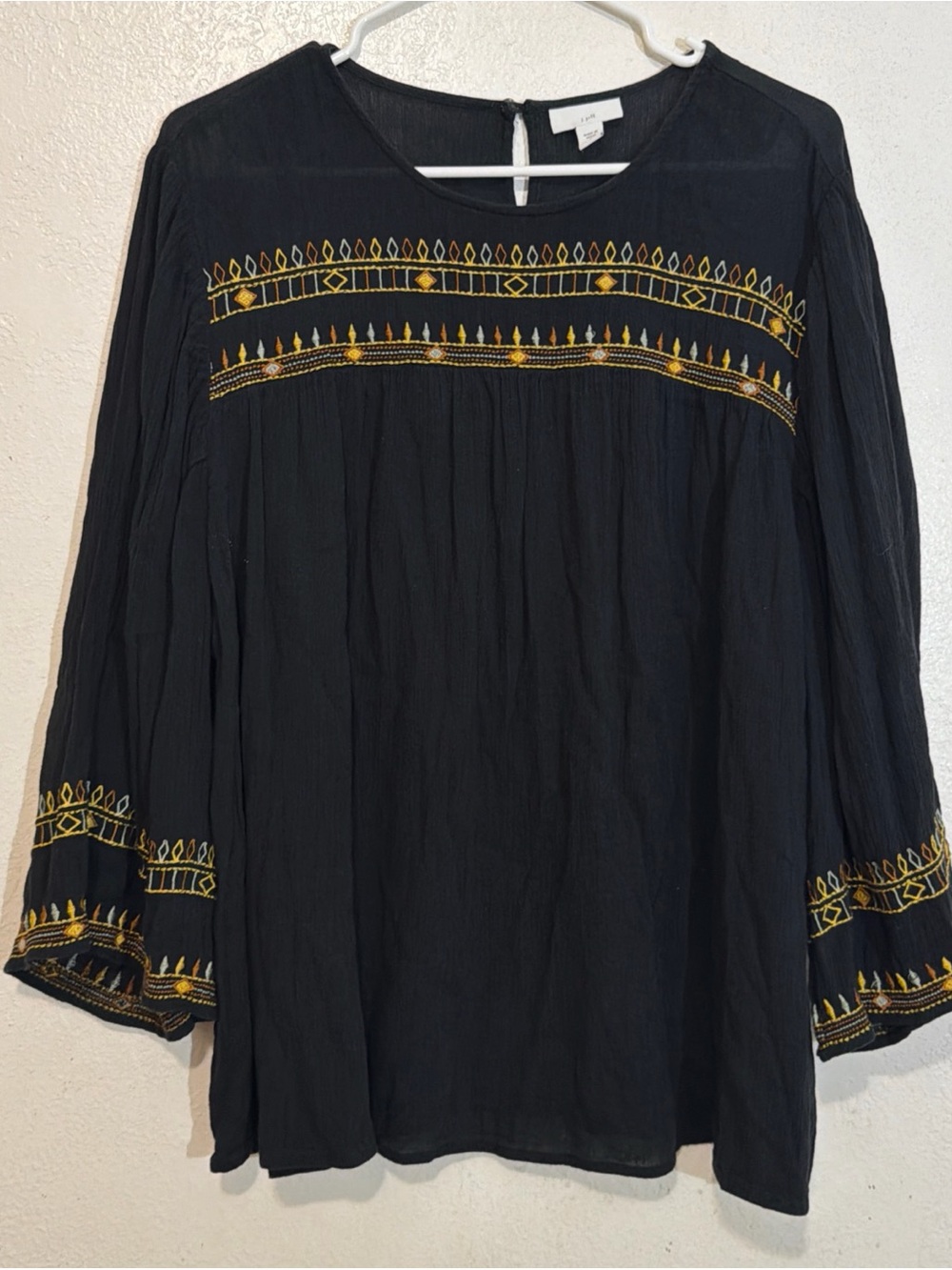 J. Jill Black Boho ,gauzy peasant Tunic withEmbroidered Accents Sz L